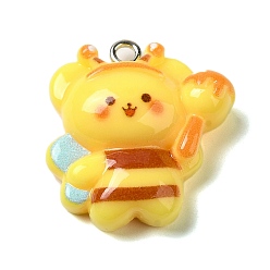 Bees Bee Theme Opaque Resin Pendants, with Platinum Tone Iron Loops, Yellow, Bees, 24x22x8.5mm, Hole: 2mm