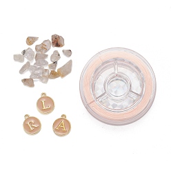 PeachPuff 26Pcs Flat Round Initial Letter A~Z Alphabet Enamel Charms, 20G Natural Gold Rutilated Quartz Chip Beads and Elastic Thread, for DIY Jewelry Making Kits, PeachPuff, Alphabet Enamel Charms: 1 set/box