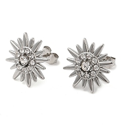 Stainless Steel Color 304 Stainless Steel Sun Stud Earings with Rhinestone, Stainless Steel Color, 14.5mm