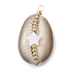 Star Natural Cowrie Shell Copper Wire Wrapped Pendants, Shell Charms with Natural Freshwater Shell Beads, Star, 35~36.5x20~20.5x12.5~13mm, Hole: 2.5mm