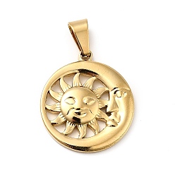 Golden Vacuum Plating 201 Stainless Steel Pendants, Moon with Sun, Golden, 28x24.5x3mm, Hole: 8x4mm