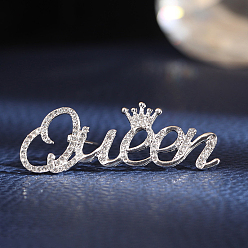 Silver Crystal Rhinestone Crown with Word Queen Safety Pin Brooch, Feminism Alloy Badge for Women, Silver, 18x50mm