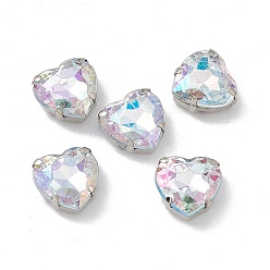 Прозрачный АВ Сердце пришить стразами, граненый тайваньский акриловый горный хрусталь, звенья с несколькими отверстиями, с латунными зубцами в платиновых тонах, ясно AB, 12x12x6 мм, отверстие : 1 мм