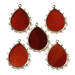 Red Agate Натуральный красный агат подвески, покрытие стойки золотистого цвета, латунное паве, прозрачные подвески-капли из кубического циркония, 30.5x23.5x2 мм, отверстие : 1.4 мм