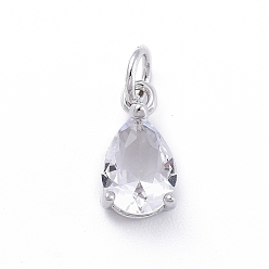 Clear Brass Micro Pave Cubic Zirconia Pendants, with Jump Ring, Teardrop, Platinum, Clear, 11.5x6.5x4mm, Hole: 3mm