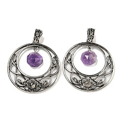 Аметист Подвески-восьмиугольники с граненым натуральным аметистом, антикварные серебряные тона, полые плоские круглые подвески из сплава с покрытием, без свинца и без кадмия, 44x40x5 мм, отверстие : 4.5x6 мм