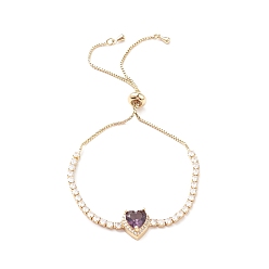 Purple Cubic Zirconia Heart Link Silder Bracelet with Crystal Rhinestone, Real 18K Gold Plated Brass Jewelry for Women, Purple, 10-5/8 inch(27cm)