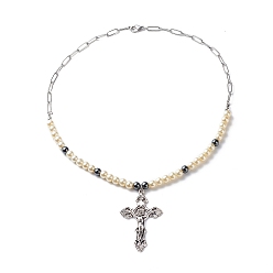 Antique Silver & Stainless Steel Color Jesus Cross Alloy Pendant Necklaces for Women Men, Synthetic Hematite & Glass Beaded Necklaces, Antique Silver & Stainless Steel Color, 19.37 inch(49.2cm)