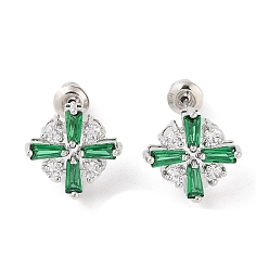 Зеленый Серьги-гвоздики из латуни с микропаве из кубического циркония, долговечный, цветок, платина, зелёные, 13.5x14 мм