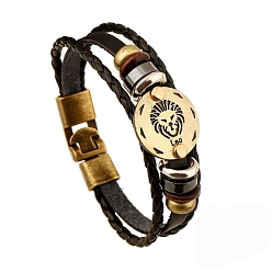 Leo Cowhide & PU Leather Triple Layer Multi-strand Bracelet, Constellation Alloy & Wood Beaded Gothic Bracelet, Leo, 8-7/8 inch(22.5cm)