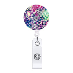 Colorful ABS Plastic Retractable Badge Reels, Card Holders, with Platinum Clips, ID Badge Holder for Nurses, Flat Round with Mandala Pattern, Colorful, 85mm