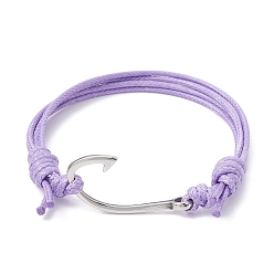 Lilac Fish Hook Shape 304 Stainless Steel Link Braclet, Waxed Polyester Cord Adjustable Bracelets, Lilac, Inner Diameter: 2-1/4~3-7/8 inch(5.7~9.8cm)