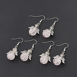 Розовый Кварц Круглые серьги с подвесками из натурального розового кварца, платиновые латунные украшения для женщин, без кадмия и без свинца, 45 мм, штифты : 0.7 мм