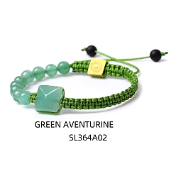 Green Aventurine Natural Green Aventurine Pyramid Braided Beaded Bracelets, 6-3/4~9-7/8 inch(17~25cm)