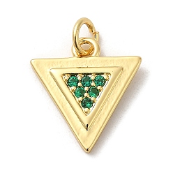 Dark Green Rack Plating Brass Micro Pave Cubic Zirconia Pendants, Cadmium Free & Lead Free, Long-Lasting Plated, Real 18K Gold Plated, Triangle, Dark Green, 15.5x14.5x2mm, Hole: 3.2mm