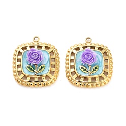 Фиолетовый 304 нержавеющей стальной эмали подвески, cmолой, квадрат с цветочным шармом, ионное покрытие (ip), реальный 18 k позолоченный, фиолетовые, 24x20x6 мм, отверстие : 1.8 мм