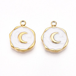 Белый 304 подвески из нержавеющей стали, с эмалью, плоская круглая с лунными подвесками, ионное покрытие (ip), реальный 18 k позолоченный, белые, 16x12.5x2.5 мм, отверстие : 1.6~1.8 мм