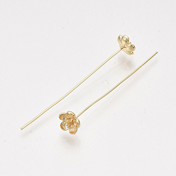 Real 18K Gold Plated Brass Pins, Real 18K Gold Plated, Nickel Free, Flower, 48~51mm, Pin: 0.7mm