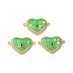 Зеленый лайм Покрытие стойки латунь микро паве прозрачный кубический цирконий звенья в форме сердца, с эмалью и ракушкой, реальный 18 k позолоченный, долговечный, без свинца и без кадмия, зеленый лайм, 15x22x4 мм, отверстие : 1.2 мм