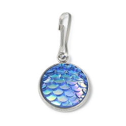 Deep Sky Blue Resin Flat Round with Mermaid Fish Scale Keychin, with Iron Keychain Clasp Findings, Deep Sky Blue, 2.7cm