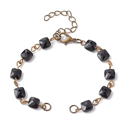 Black Square Faceted Glass Beaded Link Chain Bracelet Making, with Lobster Claw Clasp, Fit for Connector Charms, Black, 6-1/4~6-3/8 inch(15.8~16.2cm)