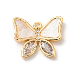 Golden Brass Micro Pave Cubic Zirconia Pendants, with Acrylic Cabochons, Long-Lasting Plated, Butterfly, Golden, 18x21x3mm, Hole: 1.8mm