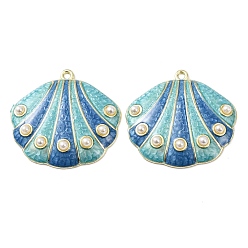 Темно-Голубой Подвески из эмали и сплава, подвески в форме ракушек, с ABS имитации жемчуга, долговечный, стойки покрытие, золотые, глубокое синее небо, 33x34.5~35x4.5~5 мм, отверстие : 1.8 мм