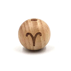 Aries Beech Wood Beads, Laser Engraved Bead, Round with Constellation Pattern, BurlyWood, Aries, 16mm, 15pcs/bag