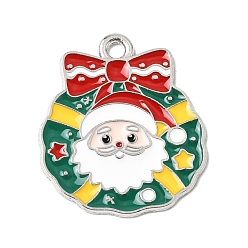 Christmas Wreath Рождественские эмали сплава подвески, платина, рождественский венок подвески, 24x21x1 мм, отверстие : 1.8 мм