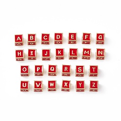 Red Rack Plating Brass Enamel Beads, Cadmium Free & Nickel Free & Lead Free, Real 18K Gold Plated, Cube with Letter A`Z, Red, 6x6x6mm, Hole: 2.5mm
