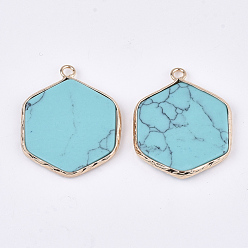 Synthetic Turquoise Synthetic Turquoise Pendants, with Brass Findings, Hexagon, Golden, 30~31x24~25x2~3mm, Hole: 2mm