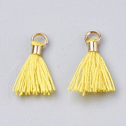 Yellow Polycotton(Polyester Cotton) Tassel Pendant Decorations, Mini Tassel, with Brass Findings, Light Gold, Yellow, 10~15x3~4mm, Hole: 2mm