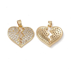Real 18K Gold Plated Brass Clear Cubic Zirconia Pendants, Broken Heart Charms, Real 18K Gold Plated, 20x20x3mm, Hole: 5.5x2.5mm