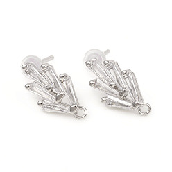 Platinum Brass Stud Earring Findings, with Loops, Clear Cubic Zirconia and Ear Nuts, Grass, Platinum, 14.2x7.5mm, Hole: 1mm, Pin: 0.8mm