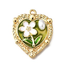 Зелено-Желтый Подвески из эмали и сплава, с ABS имитации жемчуга, Сердце со цветками , стойки покрытие, долговечный, без свинца, без кадмии и без никеля, золотые, зеленый желтый, 27.5x22.5x5.5 мм, отверстие : 1.5 мм