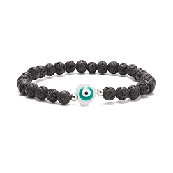 Teal Heart with Evil Eye Shell & Natural Lava Rock Beaded Stretch Bracelet, Essential Oil Gemstone Jewelry for Women, Teal, Inner Diameter: 2-1/4 inch(5.6cm)