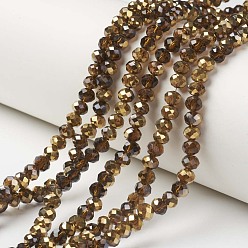 Sienna Electroplate Transparent Glass Beads Strands, Half Golden Plated, Faceted, Rondelle, Sienna, 3x2mm, Hole: 0.8mm, about 150~155pcs/strand, 15~16 inch(38~40cm)