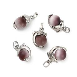 Rosy Brown Cat Eye Pendants, Round with Dolphin Charm, with Alloy Findings, Platinum, Rosy Brown, 19.5x12.5x10.5mm, Hole: 3.5x2.5mm