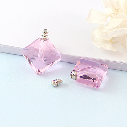 Pink Rhombus Glass Perfume Bottles Pendants, SPA Aromatherapy Essemtial Oil Empty Bottle Charms, Pink, 2.5cm