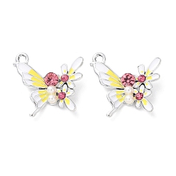 Желтый Подвески из эмали и сплава, бабочки прелести, со стразами, ABS имитация жемчуга, стойки покрытие, платина, желтые, 21x23x4 мм, отверстие : 2.2 мм