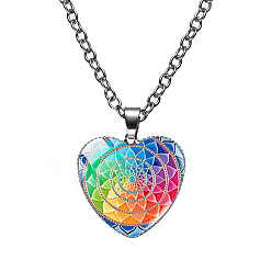 Colorful Glass Heart with Mandala Flower Pendant Necklace, Platinum Alloy Jewelry for Women, Colorful, 19.69 inch(50cm)