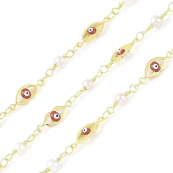 Coral Enamel Lip Link Chains, with Glass Seed Beaded and Rack Plating Real 18K Gold Plated Brass Chain, Soldered, with Spools, Long-Lasting Plated, Cadmium Free & Lead Free, Coral, 16x5.6x3mm