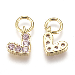 Pink Brass Micro Pave Cubic Zirconia Charms, with Jump Ring, Long-Lasting Plated, Real 18K Gold Plated, Heart, Pink, 6x8x2mm, Hole: 3mm