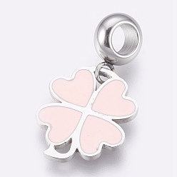 Misty Rose 304 Stainless Steel European Dangle Charms, Large Hole Pendants, with Enamel, Clover, Stainless Steel Color, Misty Rose, 26mm, Hole: 4mm, Pendant: 16.5x14x1mm
