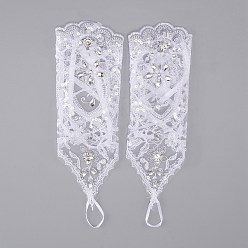 White Flower Parttern Polyester Gloves, with Rhinestone, for Wedding Bride Supplies, White, 260x93x4mm, Inner Diameter: 30x15mm, 2pcs/pair