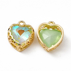 Peridot Heart K9 Glass Charms, Faceted, with Light Gold Tone Brass Edge, Peridot, 14.5x12x5.5mm, Hole: 1.6mm