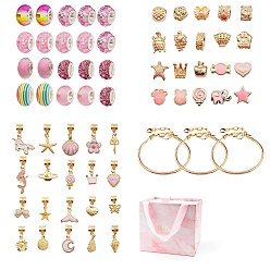 Pink DIY European Bracelet Making Kit, Including Resin & Alloy Large Hole Beads, Brass Bracelets, Alloy Dangle Charm, Unicorn & Tortoise & Star & Heart & Butterfly Shape, Pink, 63Pcs/set