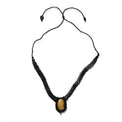 Тигровый глаз Овальное колье с подвеской из натурального тигрового глаза, колье-колье с плетеными восковыми нитями, 25.83 дюйм (65.6 см)