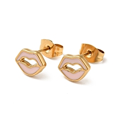 Pink Enamel Lip Stud Earrings with 316 Surgical Stainless Steel Pins, Gold Plated 304 Stainless Steel Jewelry for Women, Pink, 7x8.5mm, Pin: 0.8mm