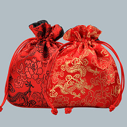 Red Chinese Style Silk Drawstring Jewelry Gift Bags, Jewelry Storage Pouches, Lining Random Color, Rectangle with Dragon Pattern, Red, 15x11.5cm